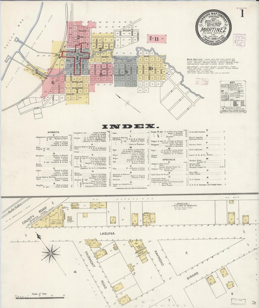 Sanborn Fire Insurance Map from Martinez, Contra Costa County, California (1908), Sheet #0001 - Historic Sanborn Fire Insurance Map Print, vintage old map wall art, antique decor, genealogy gift, California California map