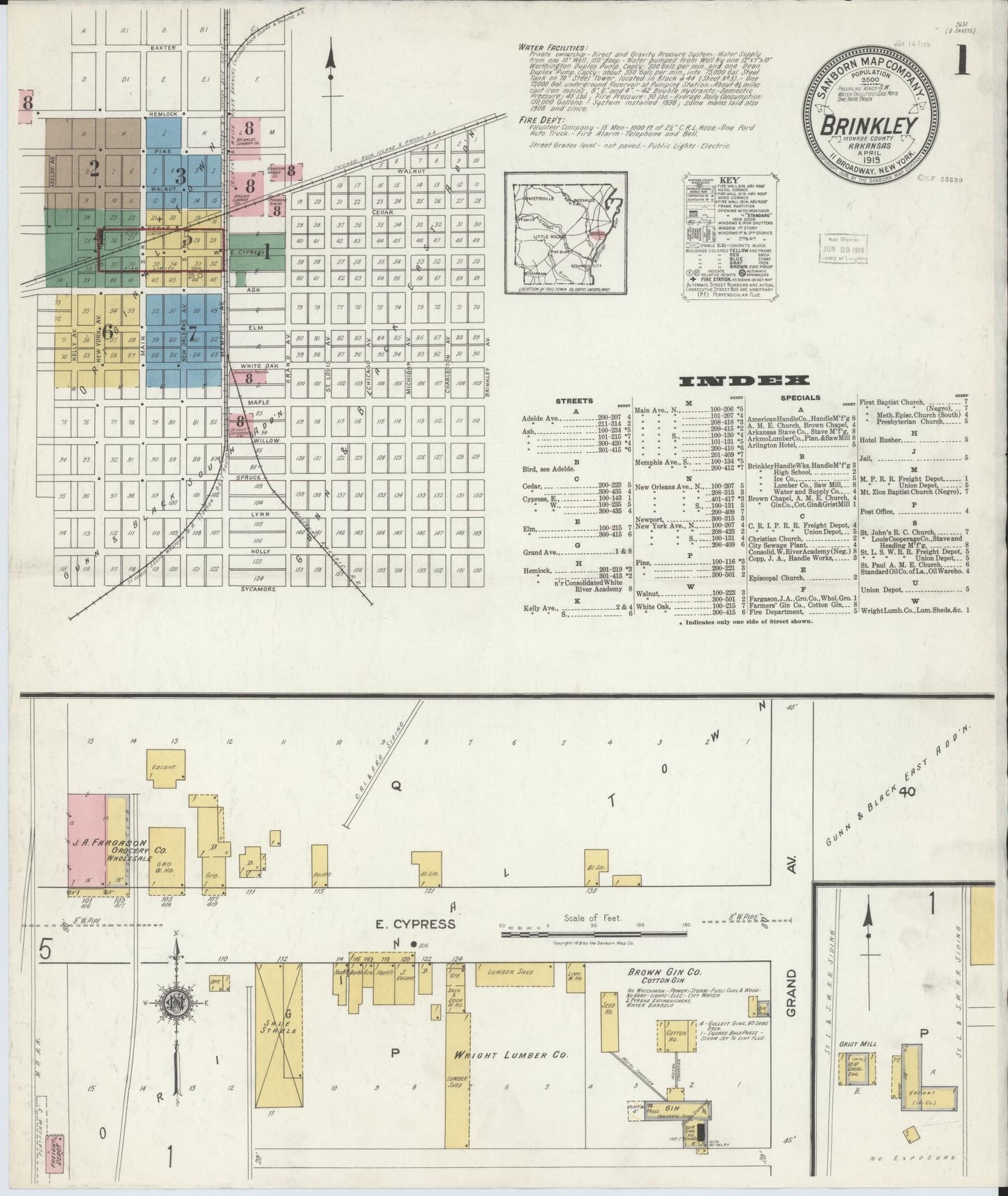 Sanborn Fire Insurance Map from Brinkley, Monroe County, Arkansas (1919), Sheet #0001 - Complete Map Set gallery image, historic Sanborn map, vintage wall art, Arkansas Arkansas