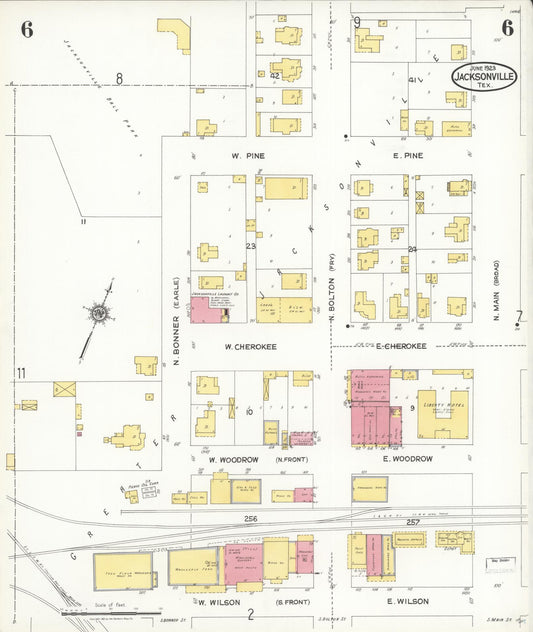 Sanborn Fire Insurance Map from Jacksonville, Cherokee County, Texas (1923), Sheet #0006 - Historic Sanborn Fire Insurance Map Print, vintage old map wall art, antique decor, genealogy gift, Texas Texas map