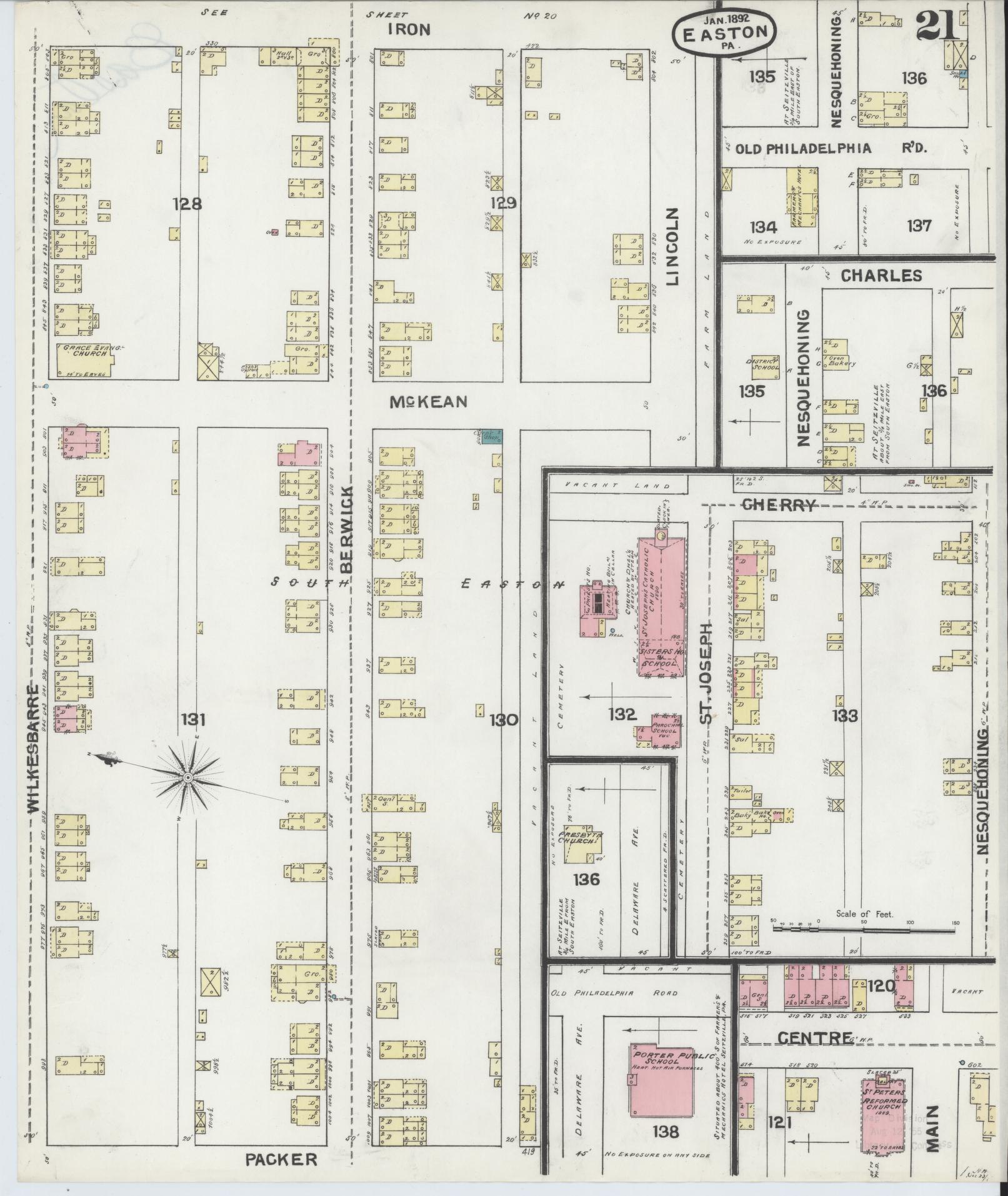 Sanborn Fire Insurance Map from Easton, Northampton County, Pennsylvania (1892), Sheet #0021 - Historic Sanborn Fire Insurance Map Print, vintage old map wall art, antique decor, genealogy gift, Pennsylvania Pennsylvania map