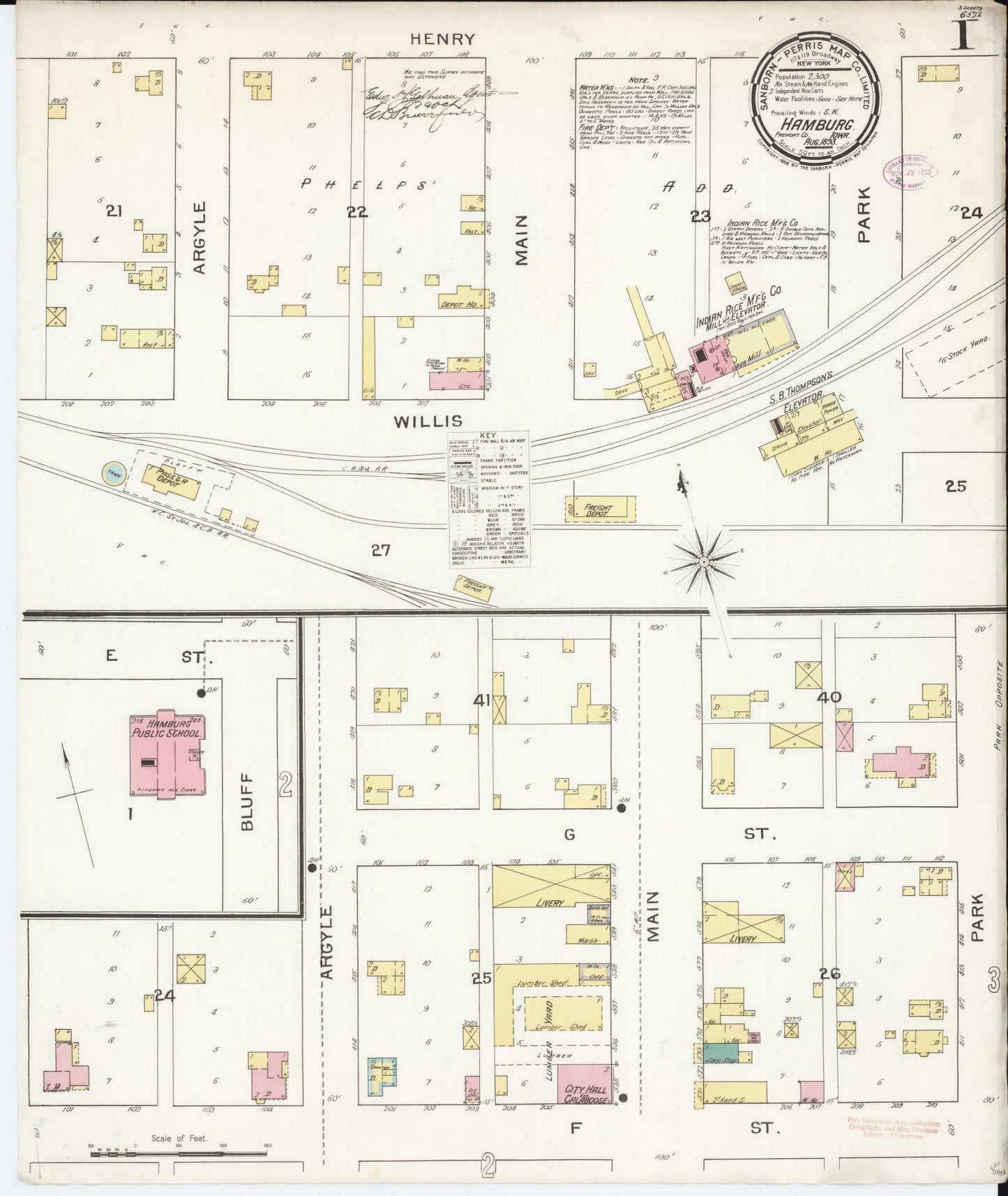Sanborn Fire Insurance Map from Hamburg, Fremont County, Iowa (1893), Sheet #0001 - Historic Sanborn Fire Insurance Map Print, vintage old map wall art