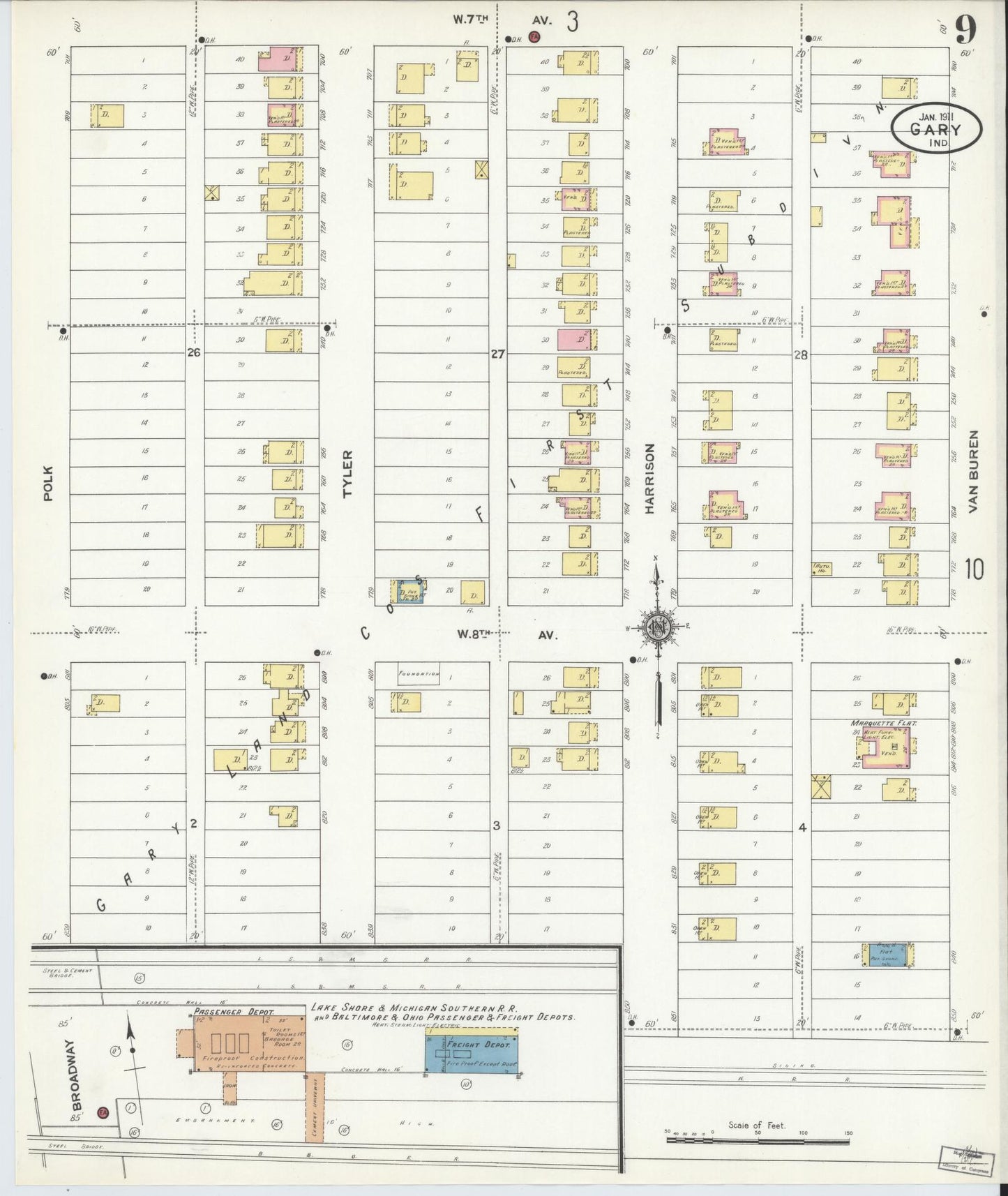 Sanborn Fire Insurance Map from Gary, Lake County, Indiana (1911), Sheet #0009 - Complete Map Set gallery image, historic Sanborn map, vintage wall art, Indiana Indiana