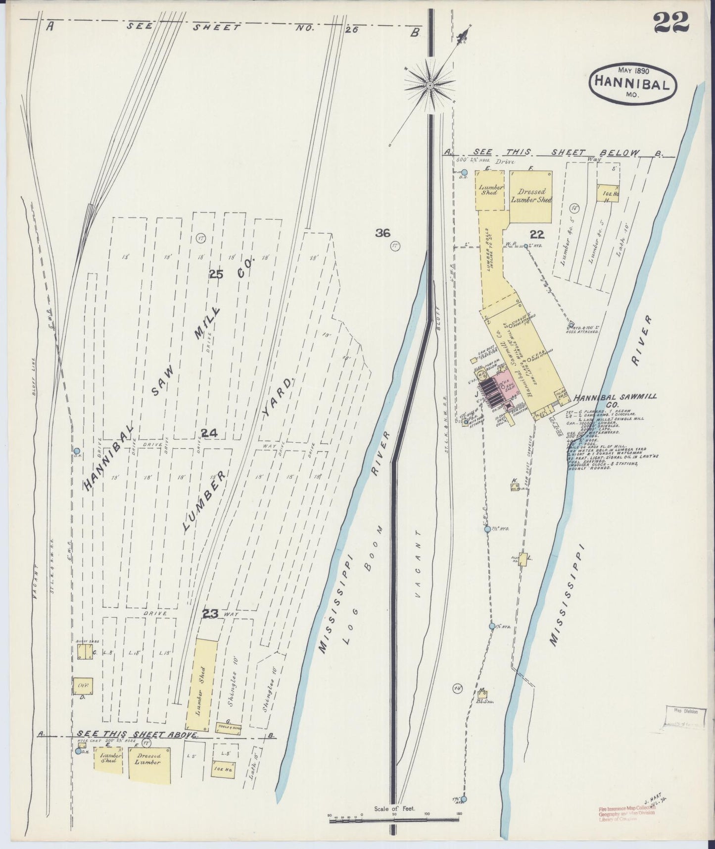Sanborn Fire Insurance Map from Hannibal, Marion County, Missouri (1890), Sheet #0022 - Historic Sanborn Fire Insurance Map Print, vintage old map wall art, antique decor, genealogy gift, Missouri Missouri map