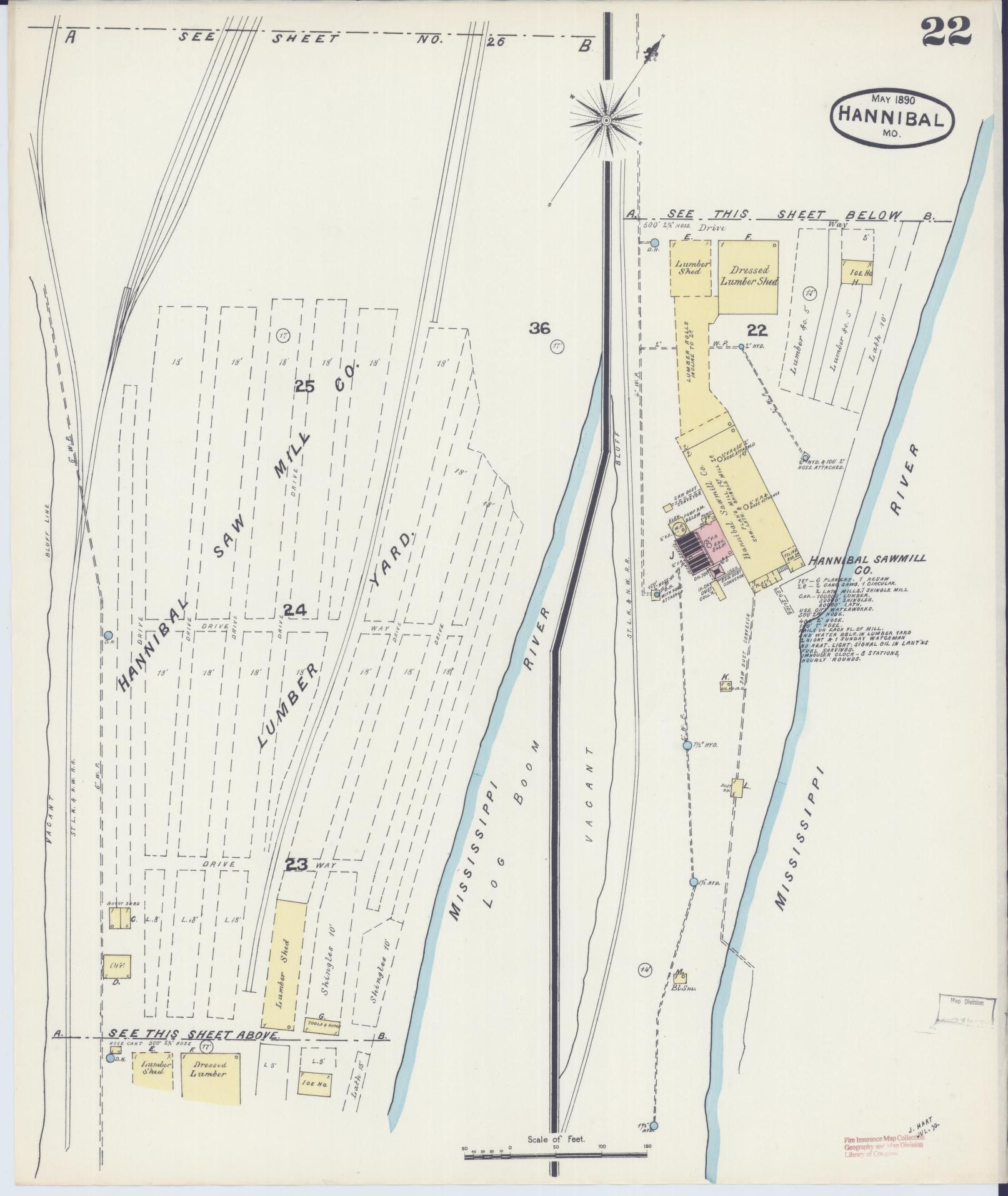 Sanborn Fire Insurance Map from Hannibal, Marion County, Missouri (1890), Sheet #0022 - Historic Sanborn Fire Insurance Map Print, vintage old map wall art, antique decor, genealogy gift, Missouri Missouri map