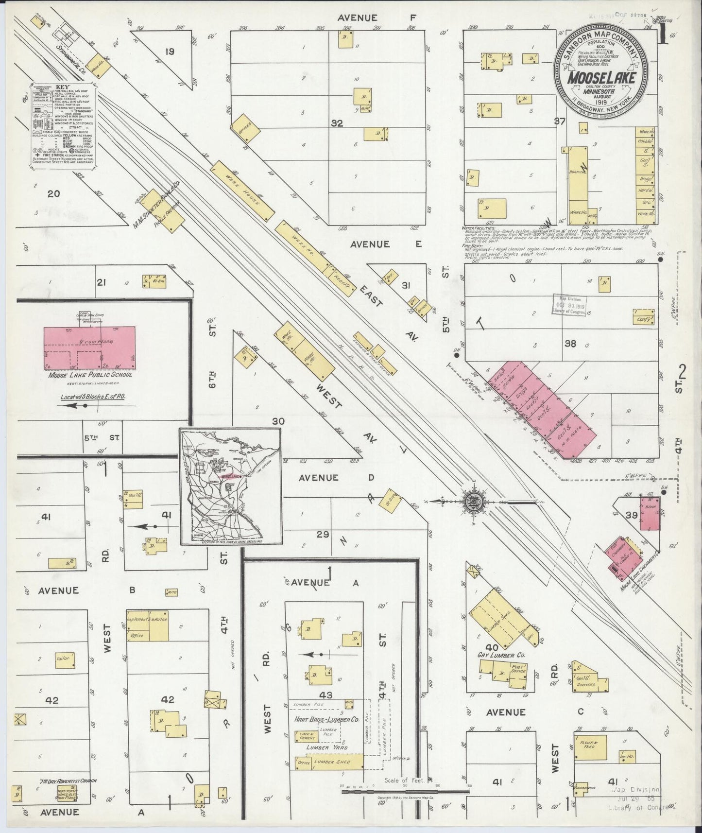 Sanborn Fire Insurance Map from Moose Lake, Carlton County, Minnesota (1919), Sheet #0001 - Complete Map Set gallery image, historic Sanborn map, vintage wall art, Minnesota Minnesota