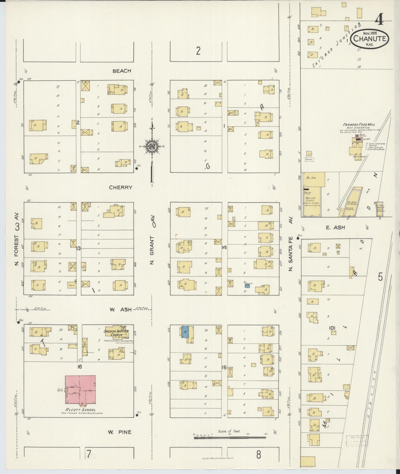 Sanborn Fire Insurance Map from Chanute, Neosho County, Kansas (1916), Sheet #0004 - Complete Map Set gallery image, historic Sanborn map, vintage wall art, Kansas Kansas