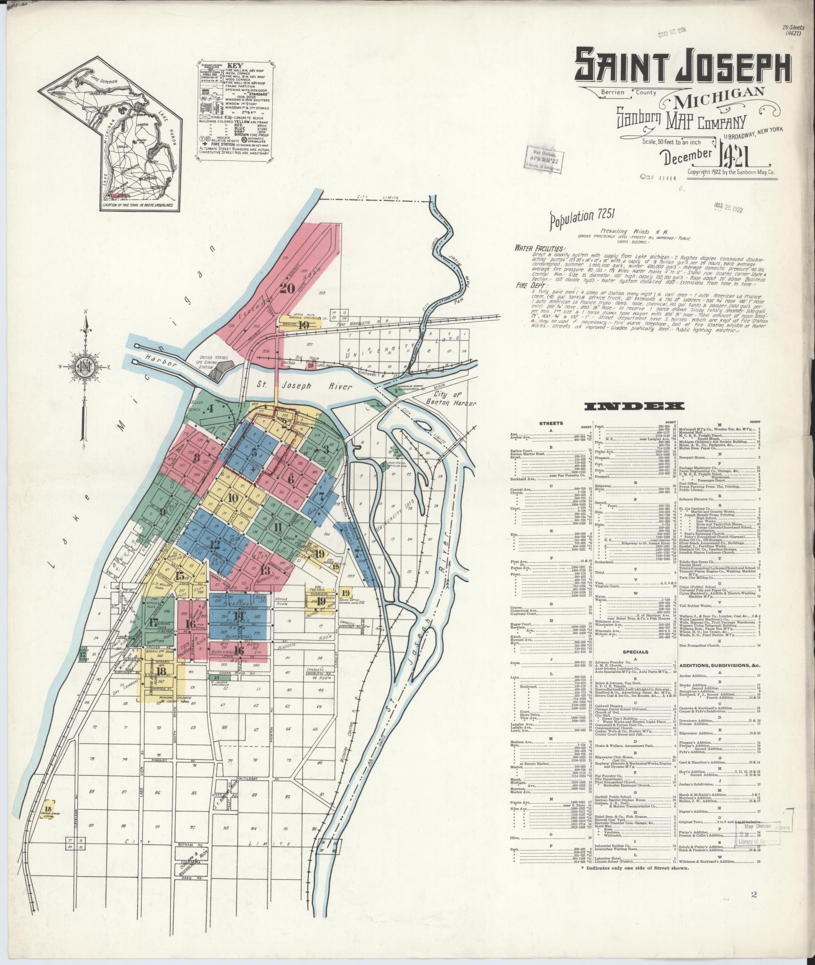 Sanborn Fire Insurance Map from Saint Joseph, Berrien County, Michigan (1921), Sheet #0001 - Complete Map Set gallery image, historic Sanborn map, vintage wall art, Michigan Michigan