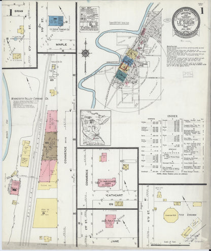 Sanborn Fire Insurance Map from Le Sueur, Le Sueur County, Minnesota (1924), Sheet #0001 - Historic Sanborn Fire Insurance Map Print, vintage old map wall art, antique decor, genealogy gift, Minnesota Minnesota map