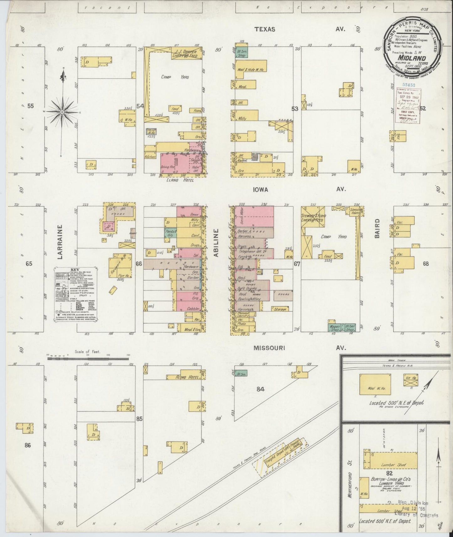 Sanborn Fire Insurance Map from Midland, Midland County, Texas (1900), Sheet #0001 - Historic Sanborn Fire Insurance Map Print, vintage old map wall art, antique decor, genealogy gift, Texas Texas map