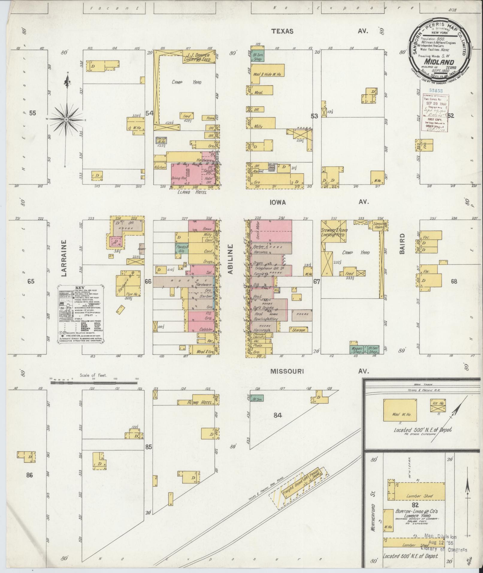 Sanborn Fire Insurance Map from Midland, Midland County, Texas (1900), Sheet #0001 - Historic Sanborn Fire Insurance Map Print, vintage old map wall art, antique decor, genealogy gift, Texas Texas map