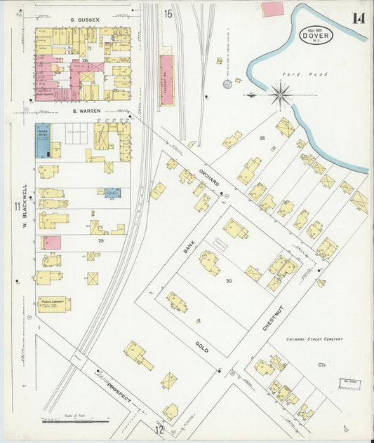 Sanborn Fire Insurance Map from Dover, Morris County, New Jersey (1909), Sheet #0014 - Historic Sanborn Fire Insurance Map Print, vintage old map wall art, antique decor, genealogy gift, New Jersey New Jersey map