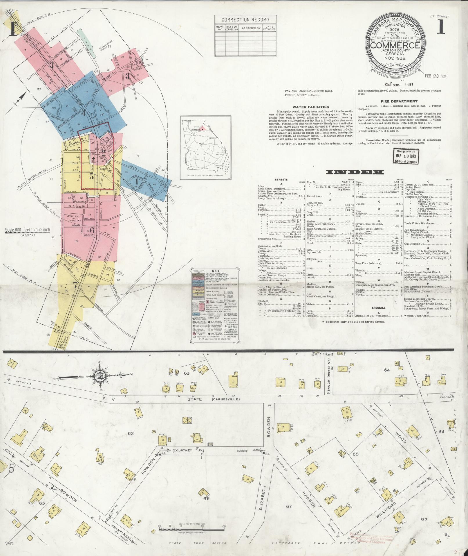 Sanborn Fire Insurance Map from Commerce, Jackson County, Georgia (1932), Sheet #0001 - Complete Map Set gallery image, historic Sanborn map, vintage wall art, Georgia Georgia