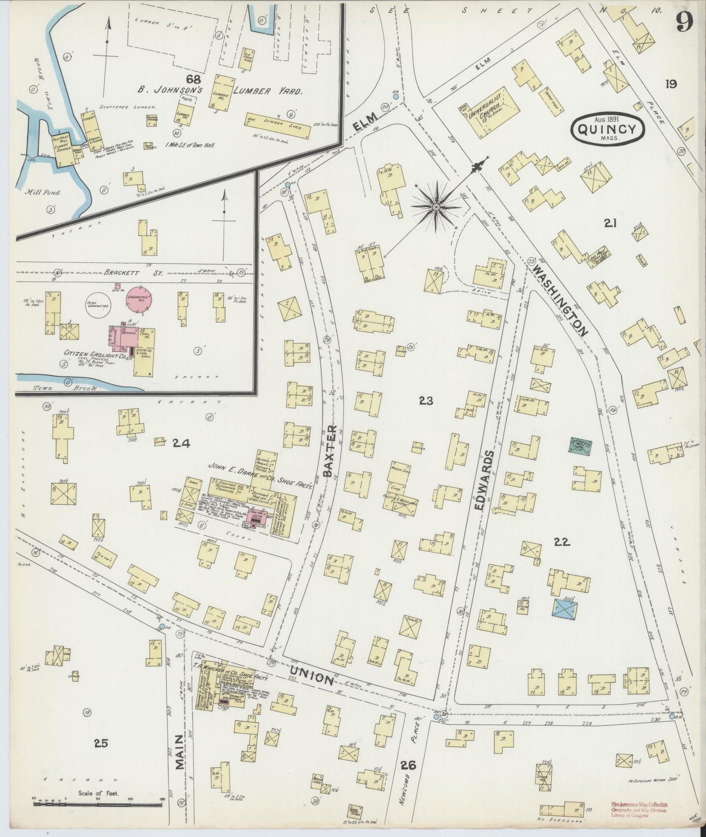 Sanborn Fire Insurance Map from Quincy, Norfolk County, Massachusetts (1891), Sheet #0009 - Historic Sanborn Fire Insurance Map Print, vintage old map wall art, antique decor, genealogy gift, Massachusetts Massachusetts map