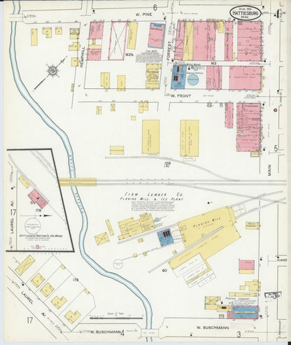 Sanborn Fire Insurance Map from Hattiesburg, Forrest County, Mississippi (1915), Sheet #0004 - Complete Map Set gallery image, historic Sanborn map, vintage wall art, Mississippi Mississippi