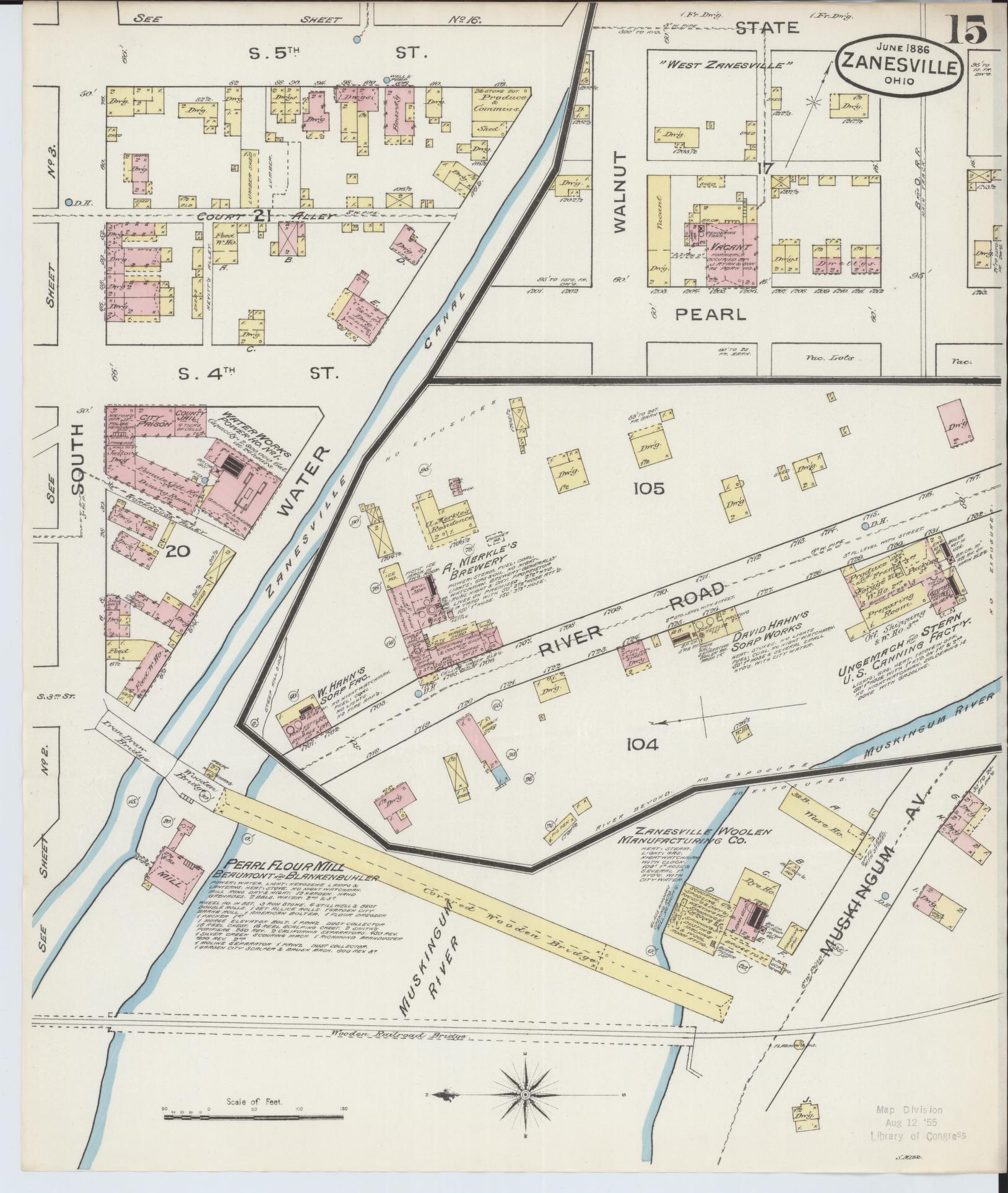 Sanborn Fire Insurance Map from Zanesville, Muskingum County, Ohio (1886), Sheet #0015 - Historic Sanborn Fire Insurance Map Print, vintage old map wall art, antique decor, genealogy gift, Ohio Ohio map