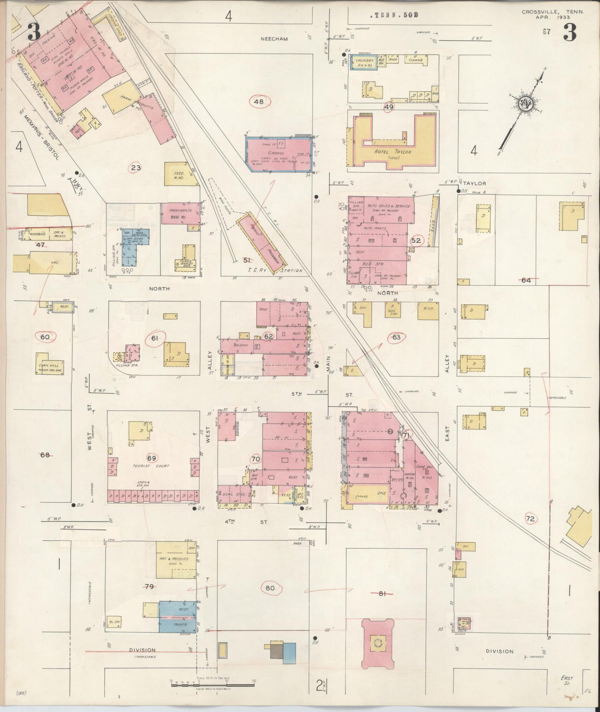Sanborn Fire Insurance Map from Crossville, Cumberland County, Tennessee (1942), Sheet #0003 - Complete Map Set gallery image, historic Sanborn map, vintage wall art, Tennessee Tennessee