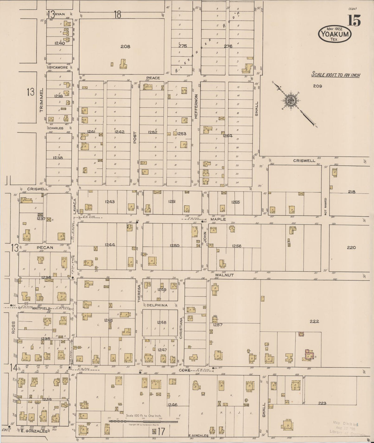 Sanborn Fire Insurance Map from Yoakum, De Witt And Lavaca Counties, Texas (1922), Sheet #0015 - Historic Sanborn Fire Insurance Map Print, vintage old map wall art, antique decor, genealogy gift, Texas Texas map