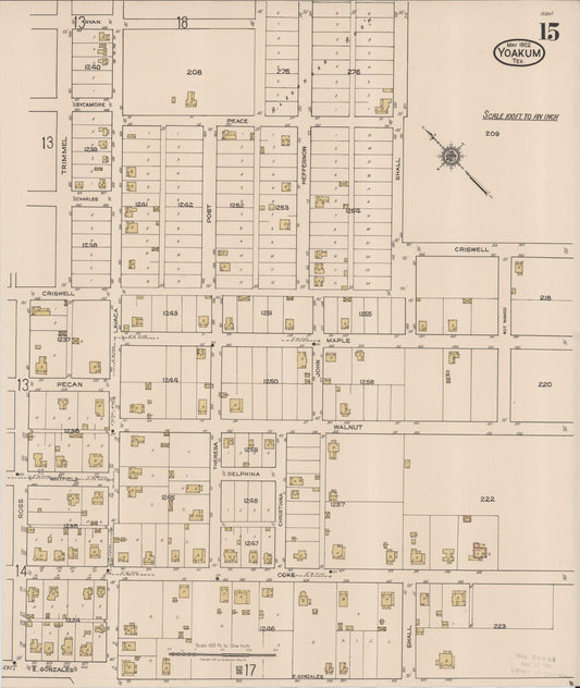 Sanborn Fire Insurance Map from Yoakum, De Witt And Lavaca Counties, Texas (1922), Sheet #0015 - Historic Sanborn Fire Insurance Map Print, vintage old map wall art, antique decor, genealogy gift, Texas Texas map