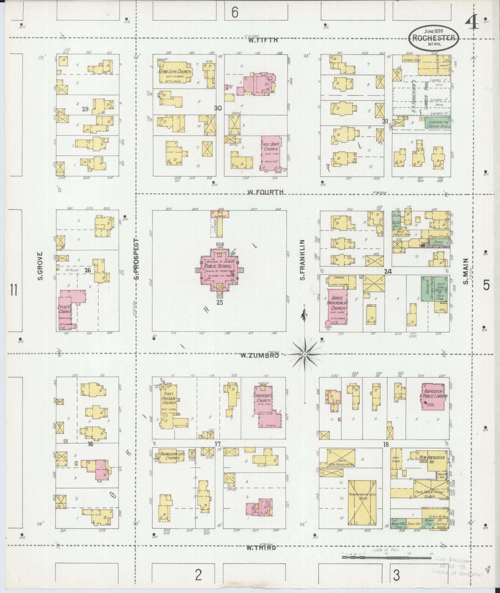 Sanborn Fire Insurance Map from Rochester, Olmsted County, Minnesota (1899), Sheet #0004 - Complete Map Set gallery image, historic Sanborn map, vintage wall art, Minnesota Minnesota