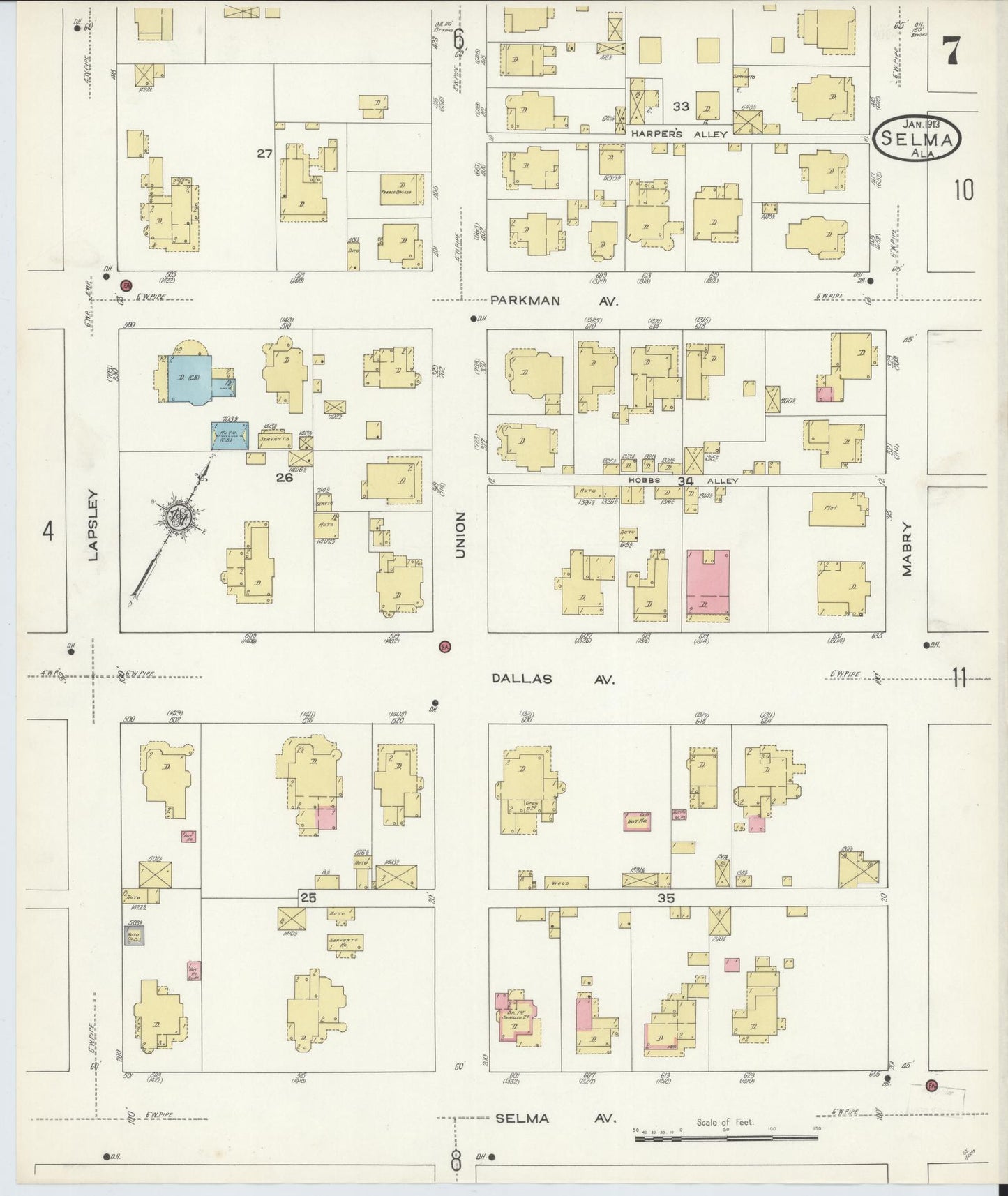 Sanborn Fire Insurance Map from Selma, Dallas County, Alabama (1913), Sheet #0007 - Complete Map Set gallery image, historic Sanborn map, vintage wall art, Alabama Alabama