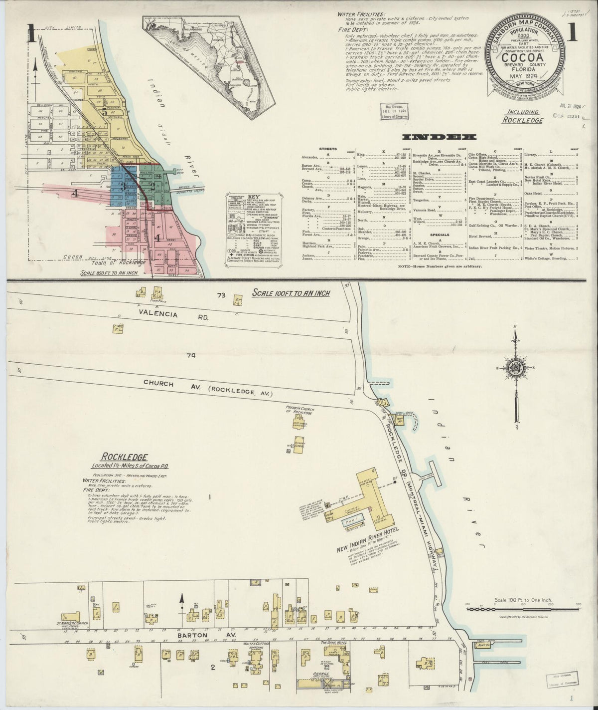 Sanborn Fire Insurance Map from Cocoa, Brevard County, Florida (1924), Sheet #0001 - Historic Sanborn Fire Insurance Map Print, vintage old map wall art, antique decor, genealogy gift, Florida Florida map