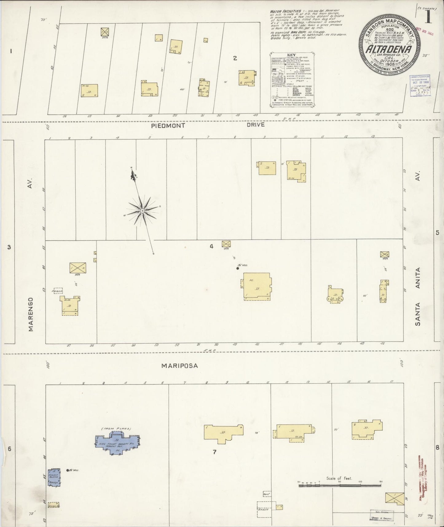 Sanborn Fire Insurance Map from Altadena, Los Angeles County, California (1908), Sheet #0001 - Historic Sanborn Fire Insurance Map Print, vintage old map wall art, antique decor, genealogy gift, California California map