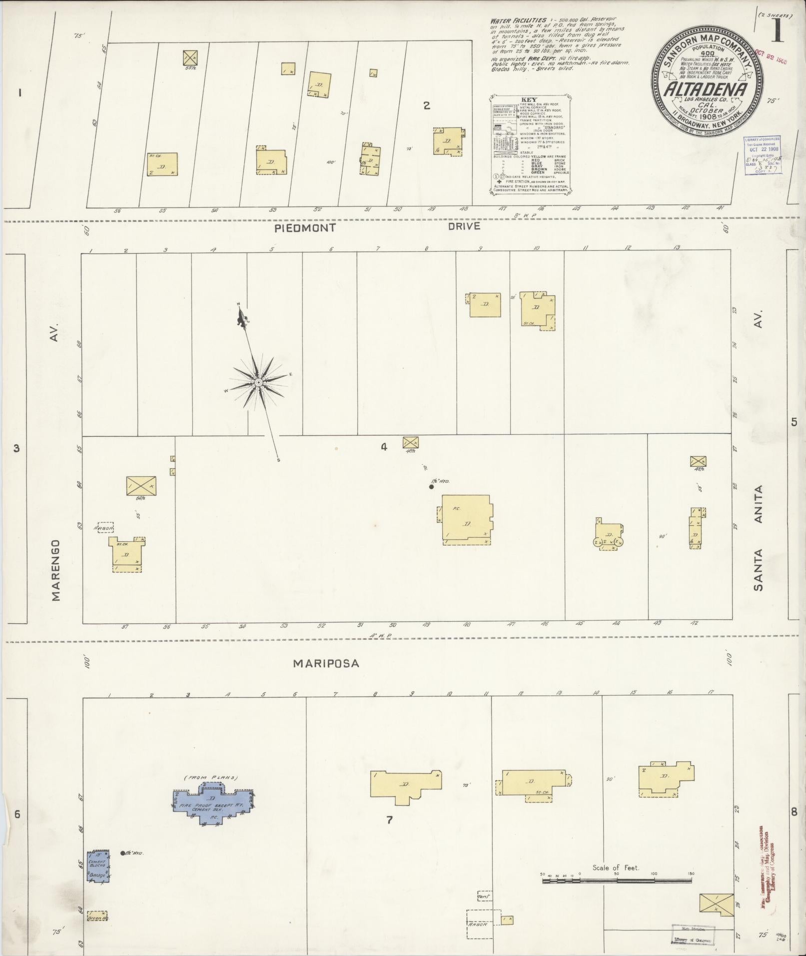 Sanborn Fire Insurance Map from Altadena, Los Angeles County, California (1908), Sheet #0001 - Historic Sanborn Fire Insurance Map Print, vintage old map wall art, antique decor, genealogy gift, California California map