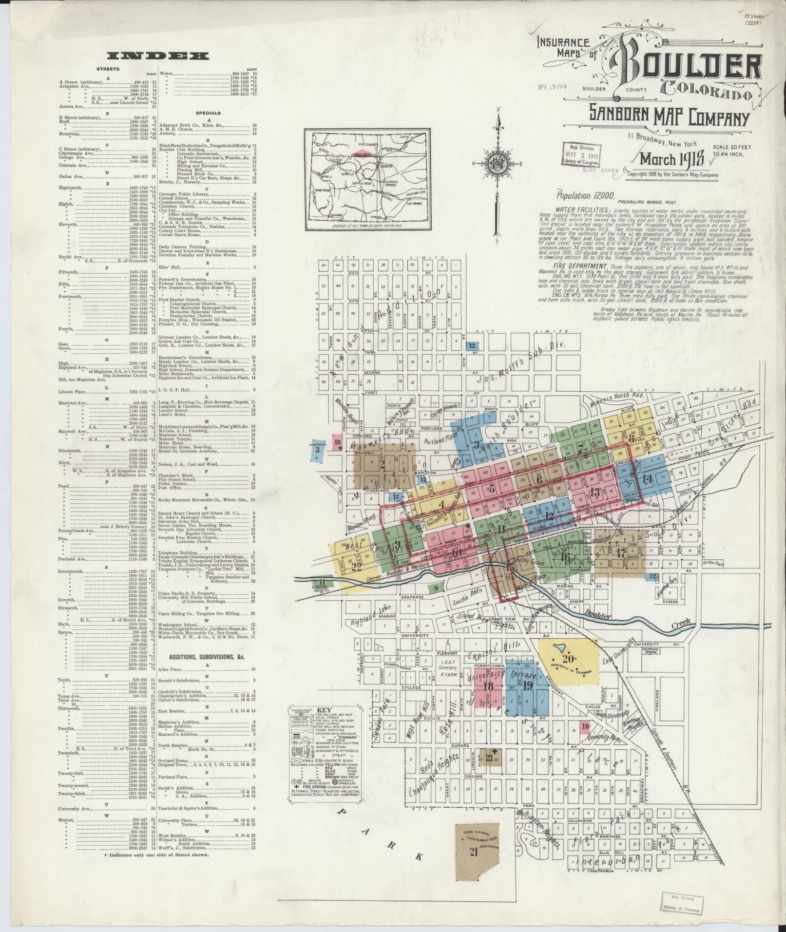Sanborn Fire Insurance Map from Boulder, Boulder County, Colorado (1918), Sheet #0001 - Complete Map Set gallery image, historic Sanborn map, vintage wall art, Colorado Colorado