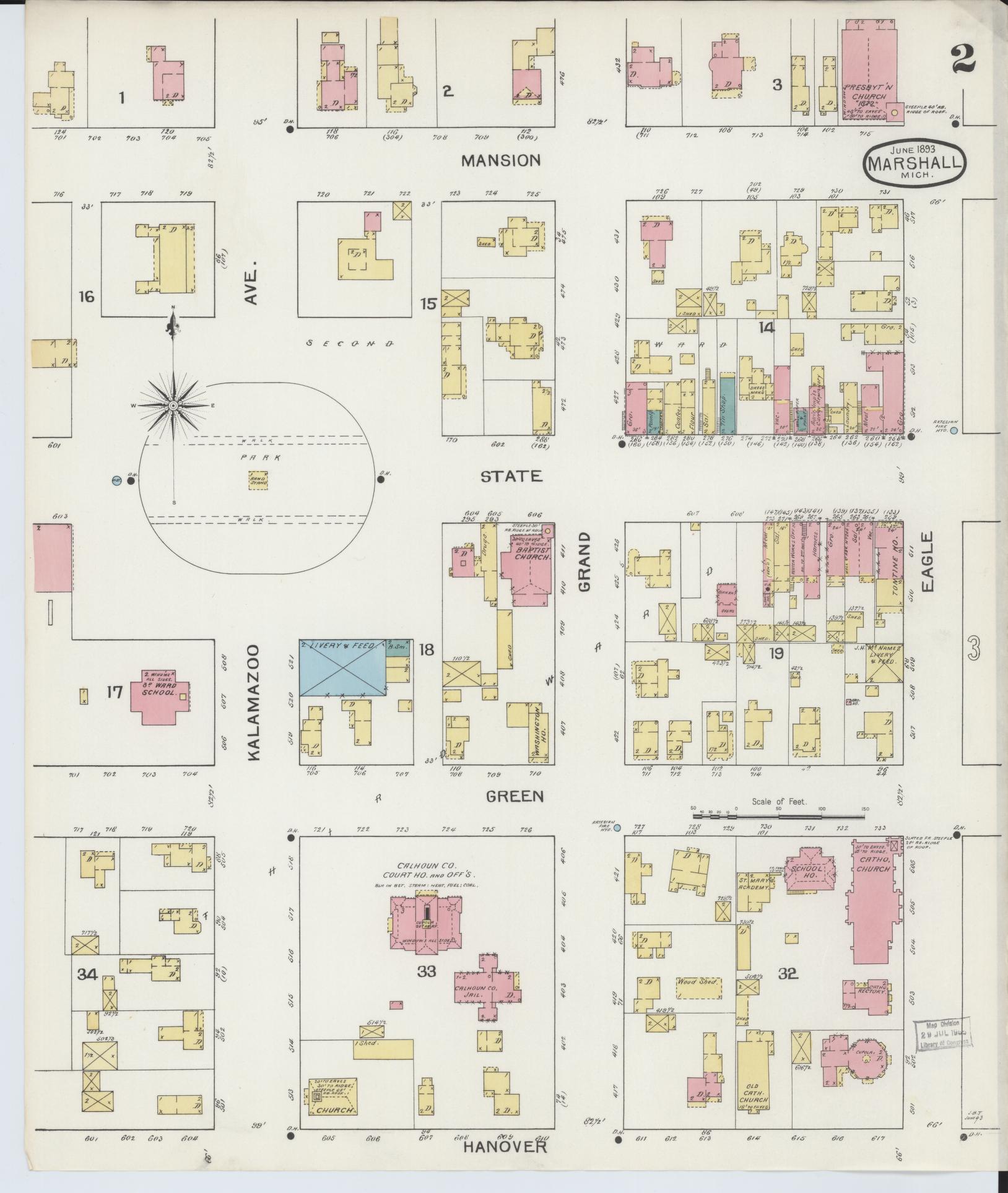 Sanborn Fire Insurance Map from Marshall, Calhoun County, Michigan (1893), Sheet #0002 - Historic Sanborn Fire Insurance Map Print, vintage old map wall art, antique decor, genealogy gift, Michigan Michigan map
