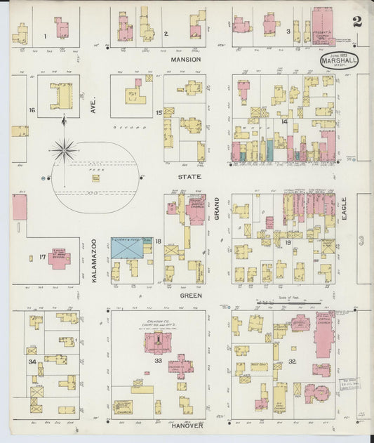 Sanborn Fire Insurance Map from Marshall, Calhoun County, Michigan (1893), Sheet #0002 - Historic Sanborn Fire Insurance Map Print, vintage old map wall art, antique decor, genealogy gift, Michigan Michigan map