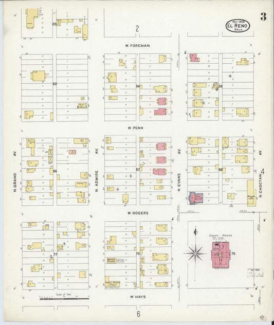 Sanborn Fire Insurance Map from El Reno, Canadian County, Oklahoma (1908), Sheet #0003 - Historic Sanborn Fire Insurance Map Print, vintage old map wall art, antique decor, genealogy gift, Oklahoma Oklahoma map