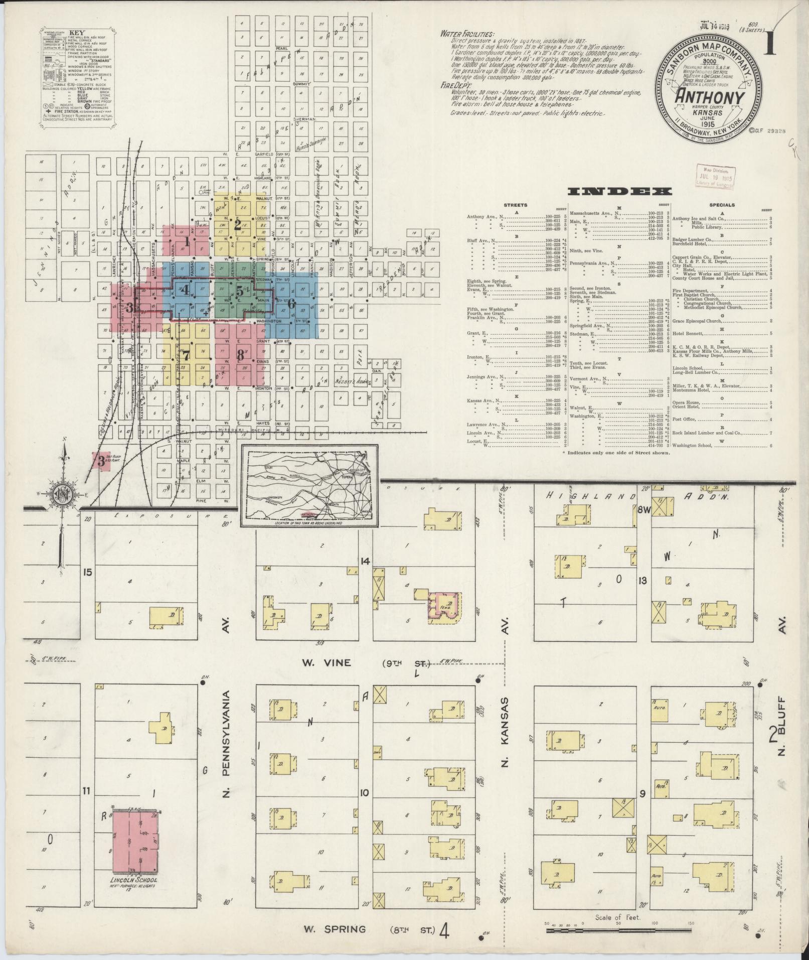 Sanborn Fire Insurance Map from Anthony, Harper County, Kansas (1915), Sheet #0001 - Complete Map Set gallery image, historic Sanborn map, vintage wall art, Kansas Kansas