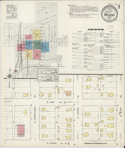 Sanborn Fire Insurance Map from Anthony, Harper County, Kansas (1915), Sheet #0001 - Complete Map Set gallery image, historic Sanborn map, vintage wall art, Kansas Kansas
