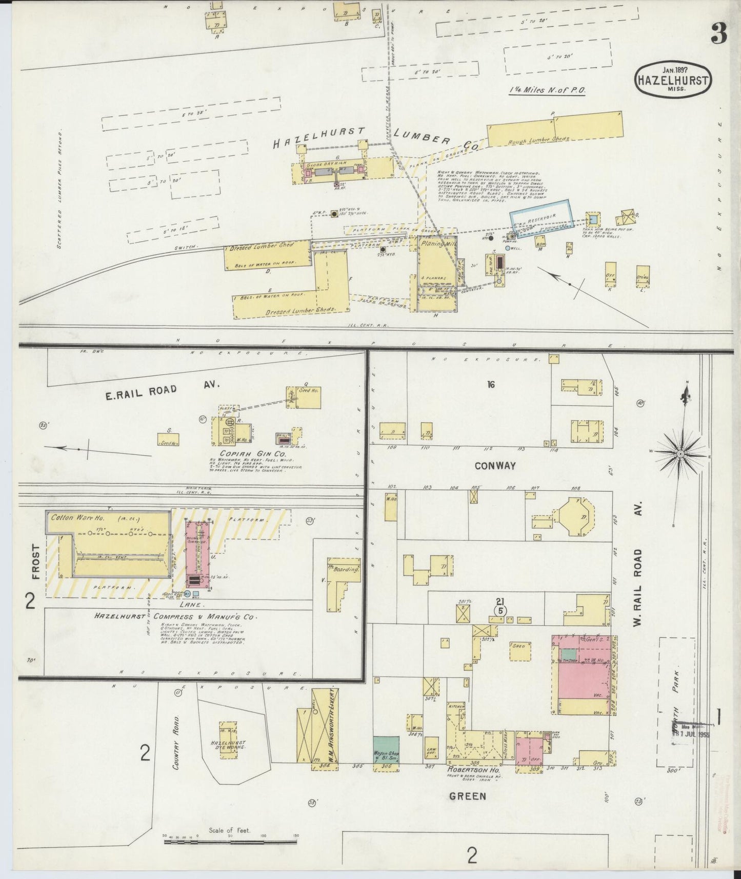 Sanborn Fire Insurance Map from Hazlehurst, Copiah County, Mississippi (1897), Sheet #0003 - Historic Sanborn Fire Insurance Map Print, vintage old map wall art, antique decor, genealogy gift, Mississippi Mississippi map