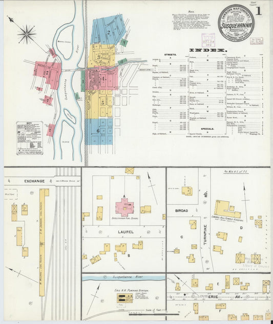 Sanborn Fire Insurance Map from Susquehanna, Susquehanna County, Pennsylvania (1904), Sheet #0001 - Historic Sanborn Fire Insurance Map Print, vintage old map wall art, antique decor, genealogy gift, Pennsylvania Pennsylvania map