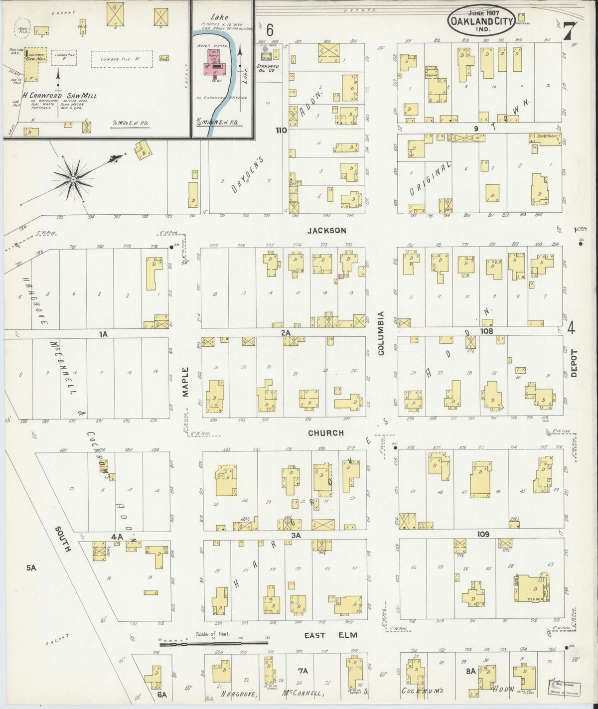 Sanborn Fire Insurance Map from Oakland City, Gibson County, Indiana (1907), Sheet #0007 - Historic Sanborn Fire Insurance Map Print, vintage old map wall art, antique decor, genealogy gift, Indiana Indiana map