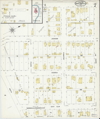 Sanborn Fire Insurance Map from Oakland City, Gibson County, Indiana (1907), Sheet #0007 - Historic Sanborn Fire Insurance Map Print, vintage old map wall art, antique decor, genealogy gift, Indiana Indiana map