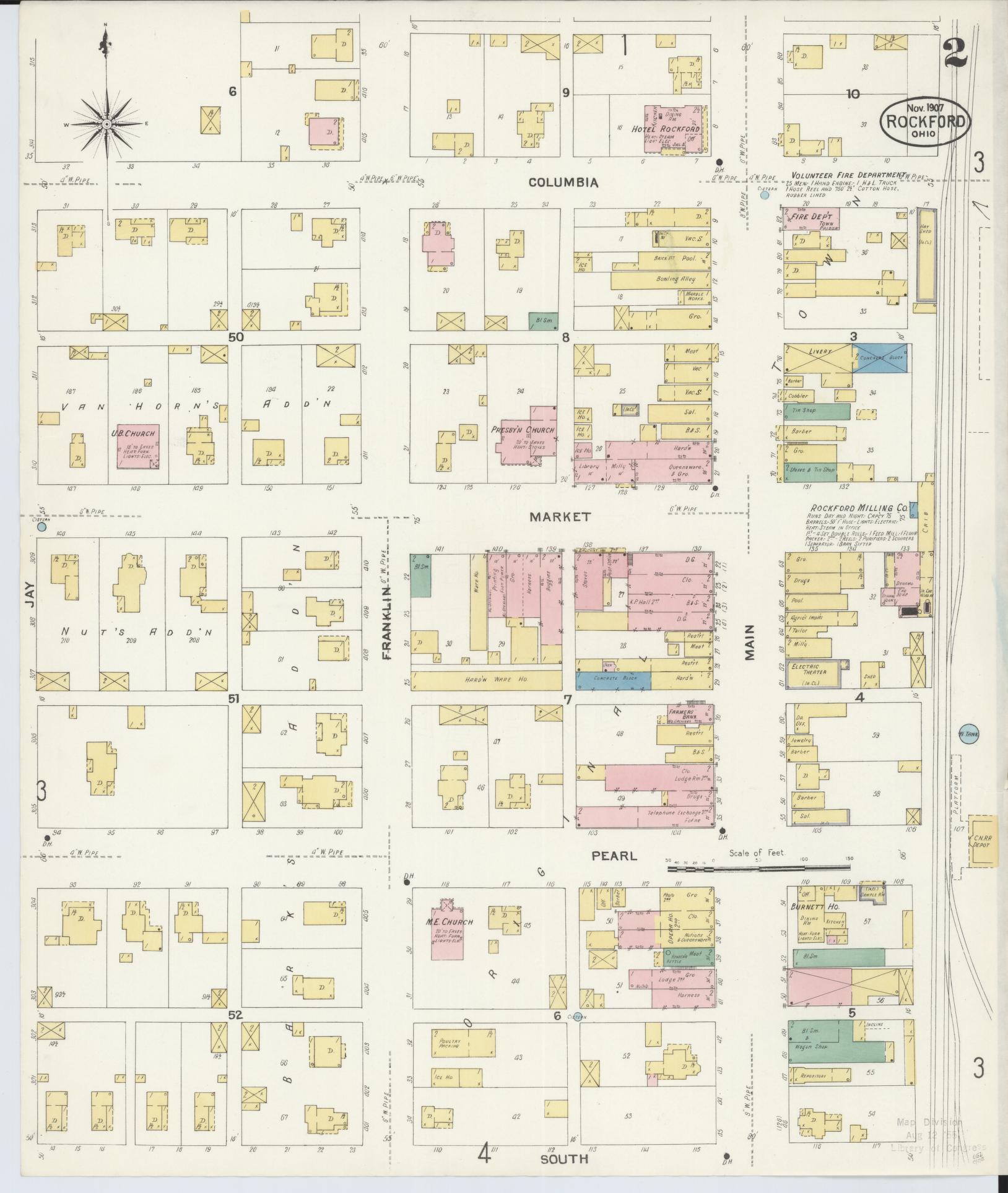 Sanborn Fire Insurance Map from Rockford, Mercer County, Ohio (1907), Sheet #0002 - Historic Sanborn Fire Insurance Map Print, vintage old map wall art, antique decor, genealogy gift, Ohio Ohio map