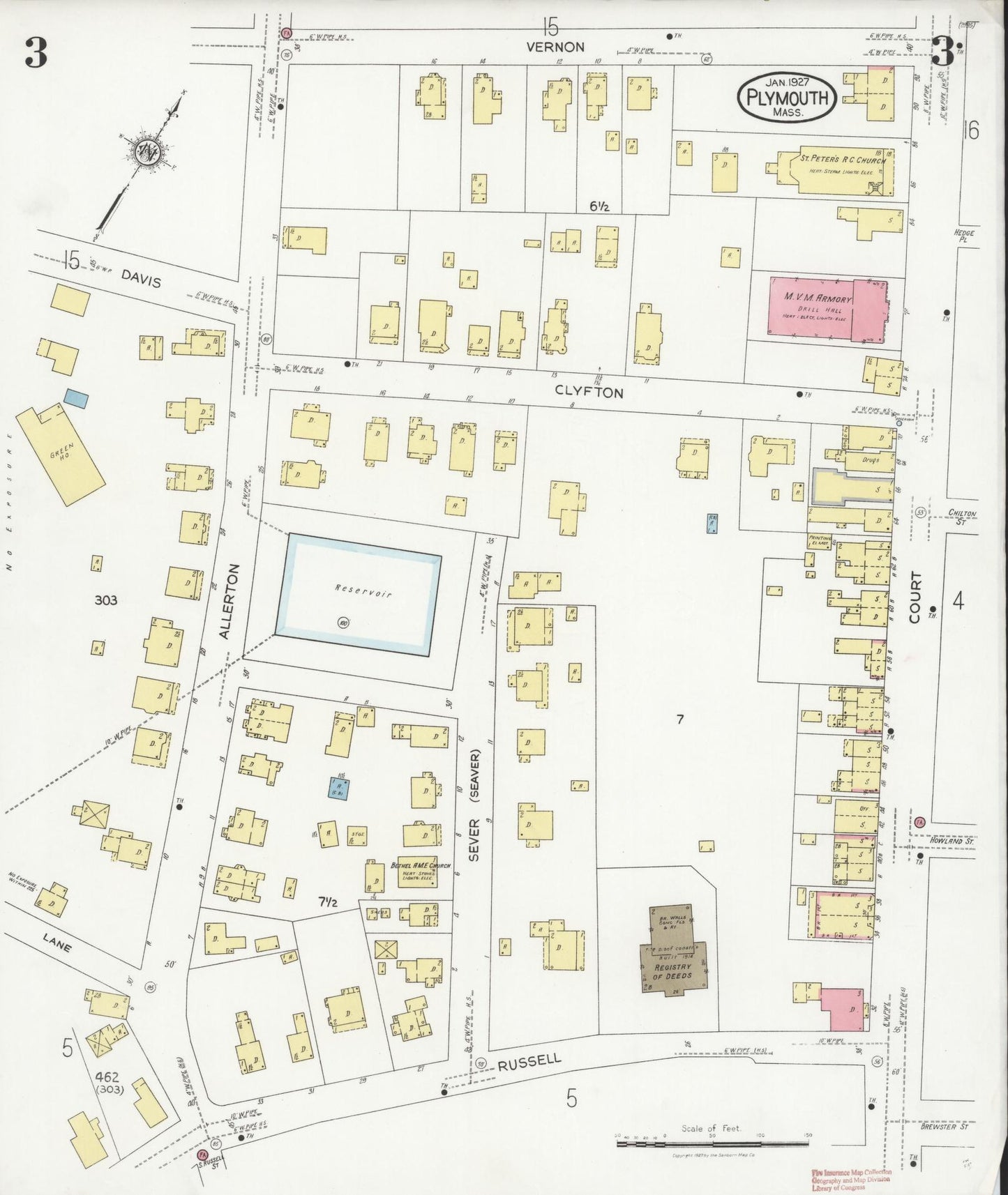 Sanborn Fire Insurance Map from Plymouth, Plymouth County, Massachusetts (1927), Sheet #0003 - Historic Sanborn Fire Insurance Map Print, vintage old map wall art, antique decor, genealogy gift, Massachusetts Massachusetts map