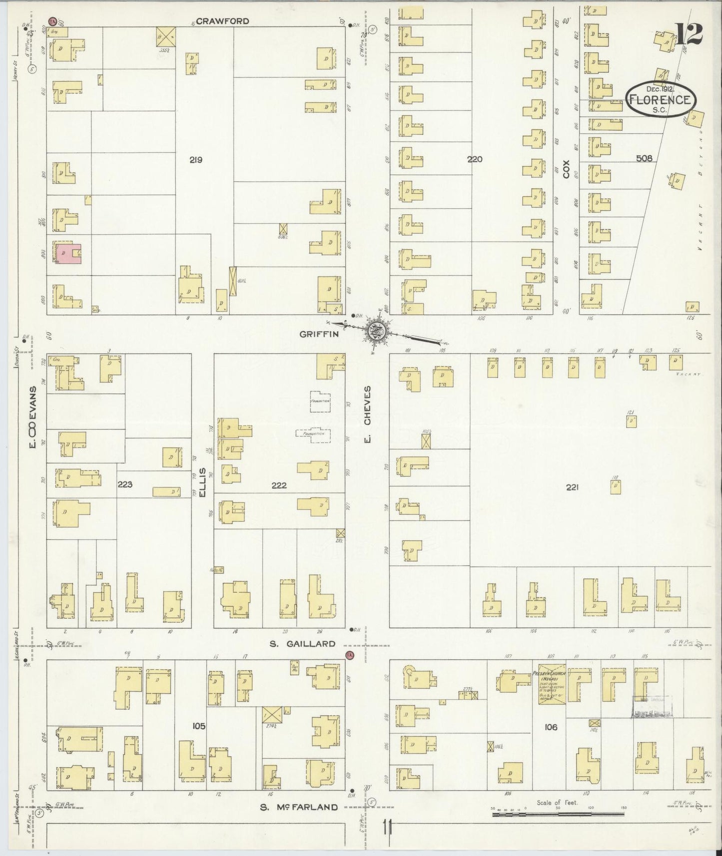 Sanborn Fire Insurance Map from Florence, Florence County, South Carolina (1912), Sheet #0012 - Complete Map Set gallery image, historic Sanborn map, vintage wall art, South Carolina South Carolina