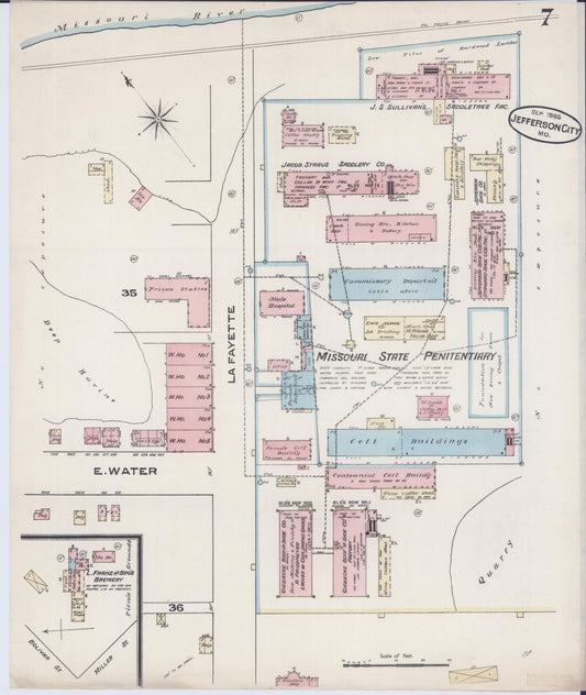 Sanborn Fire Insurance Map from Jefferson City, Cole County, Missouri (1885), Sheet #0007 - Historic Sanborn Fire Insurance Map Print, vintage old map wall art, antique decor, genealogy gift, Missouri Missouri map