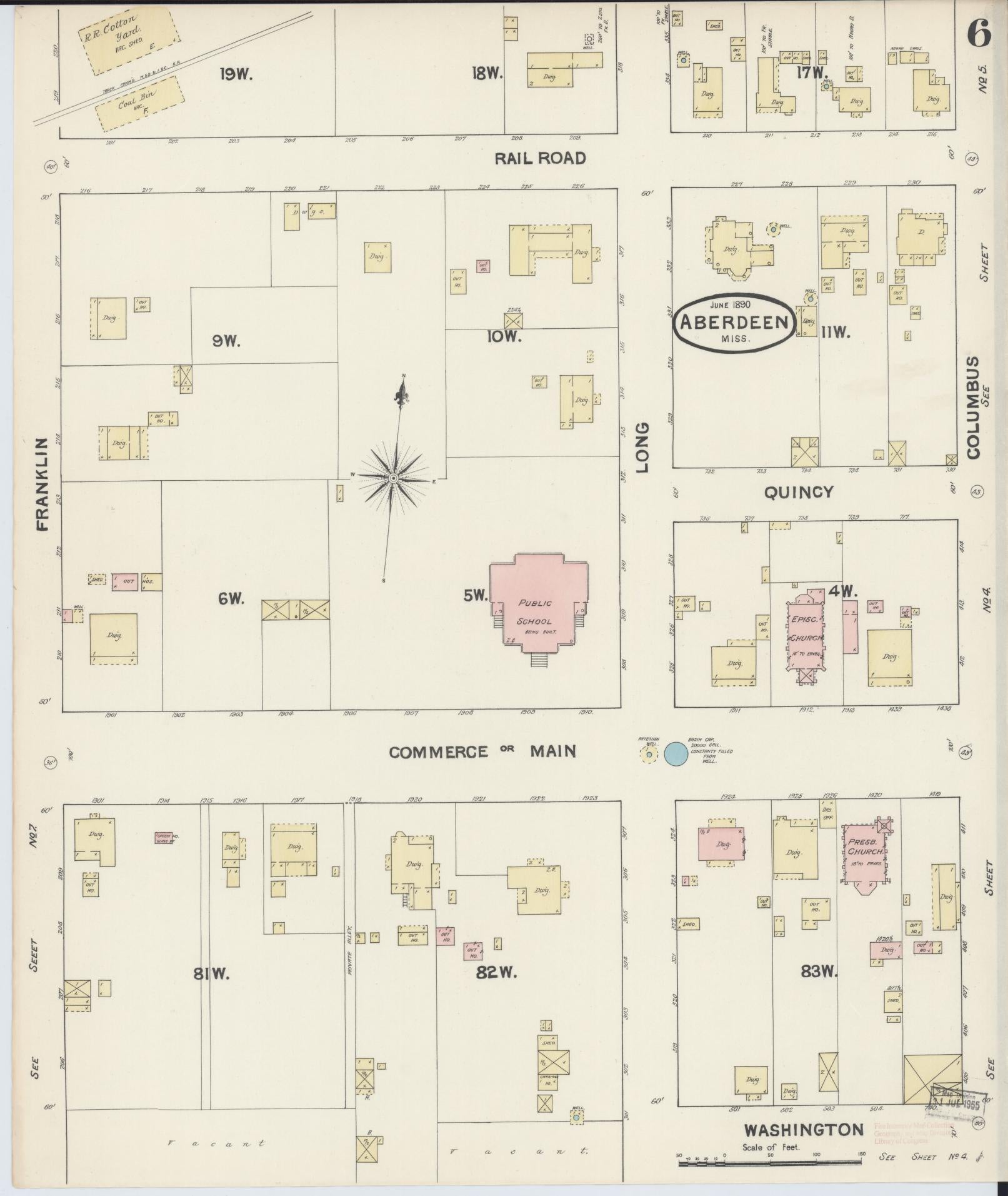 Sanborn Fire Insurance Map from Aberdeen, Monroe County, Mississippi (1890), Sheet #0006 - Historic Sanborn Fire Insurance Map Print, vintage old map wall art, antique decor, genealogy gift, Mississippi Mississippi map