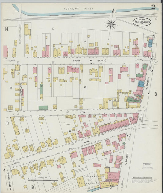 Sanborn Fire Insurance Map from Petersburg, Independent Cities, Virginia (1908), Sheet #0002 - Historic Sanborn Fire Insurance Map Print, vintage old map wall art, antique decor, genealogy gift, Virginia Virginia map