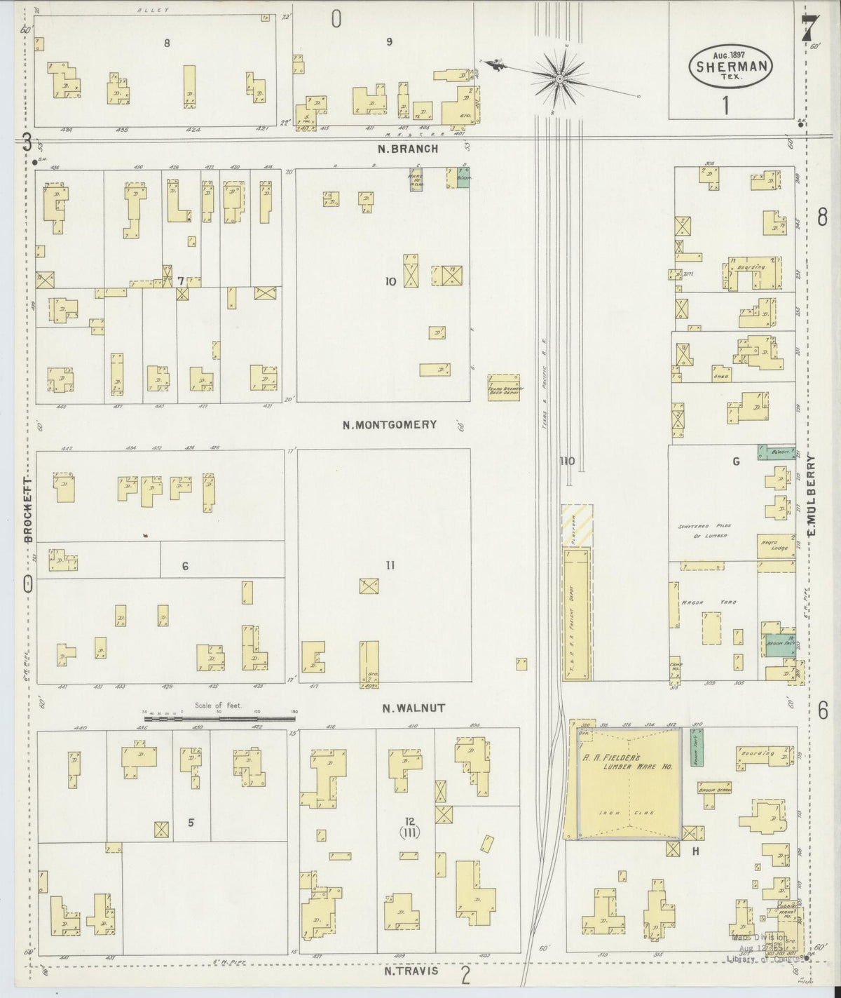 Sanborn Fire Insurance Map from Sherman, Grayson County, Texas (1897), Sheet #0007 - Historic Sanborn Fire Insurance Map Print, vintage old map wall art, antique decor, genealogy gift, Texas Texas map
