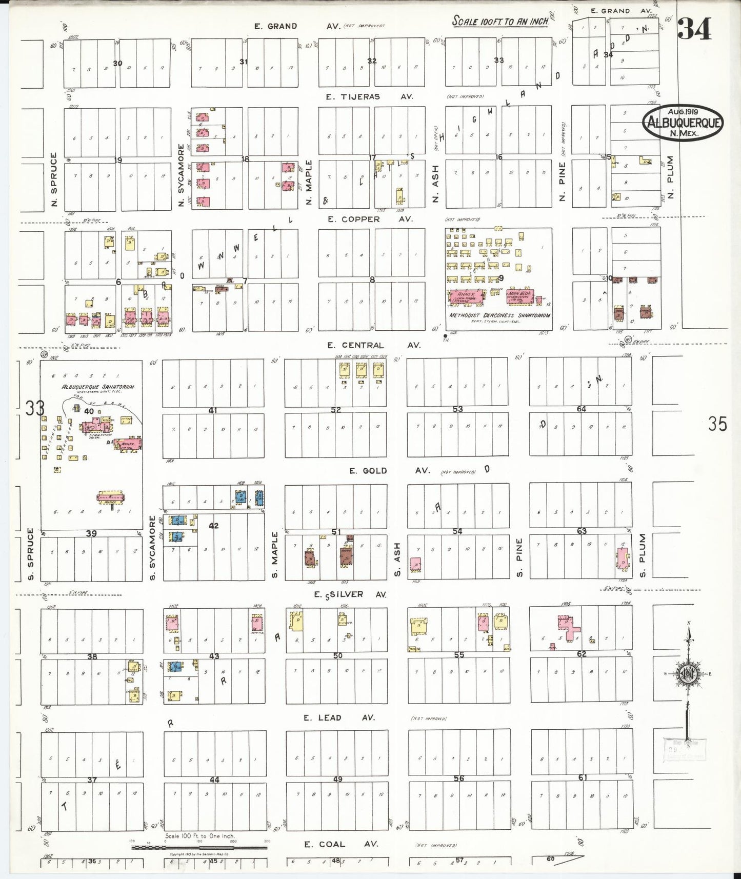 Sanborn Fire Insurance Map from Albuquerque, Bernalillo County, New Mexico (1919), Sheet #0034 - Historic Sanborn Fire Insurance Map Print, vintage old map wall art, antique decor, genealogy gift, New Mexico New Mexico map