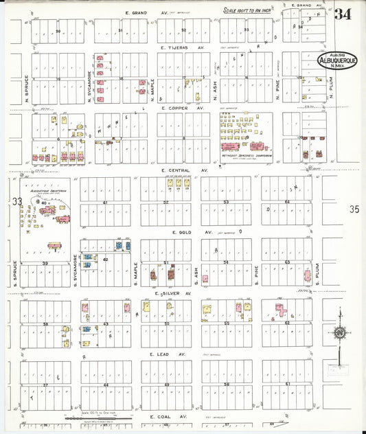 Sanborn Fire Insurance Map from Albuquerque, Bernalillo County, New Mexico (1919), Sheet #0034 - Historic Sanborn Fire Insurance Map Print, vintage old map wall art, antique decor, genealogy gift, New Mexico New Mexico map