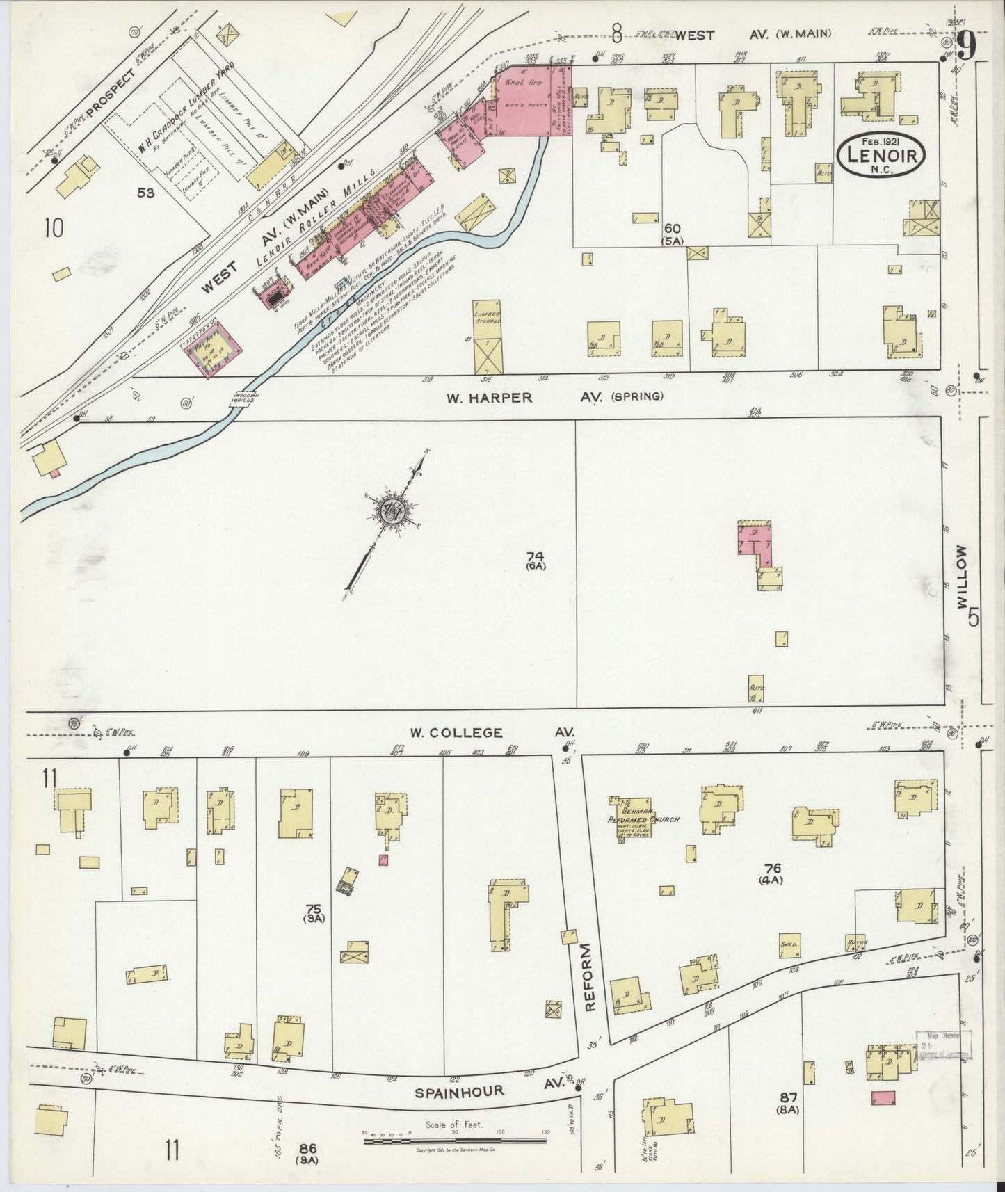 Sanborn Fire Insurance Map from Lenoir, Caldwell County, North Carolina (1921), Sheet #0009 - Complete Map Set gallery image, historic Sanborn map, vintage wall art, North Carolina North Carolina