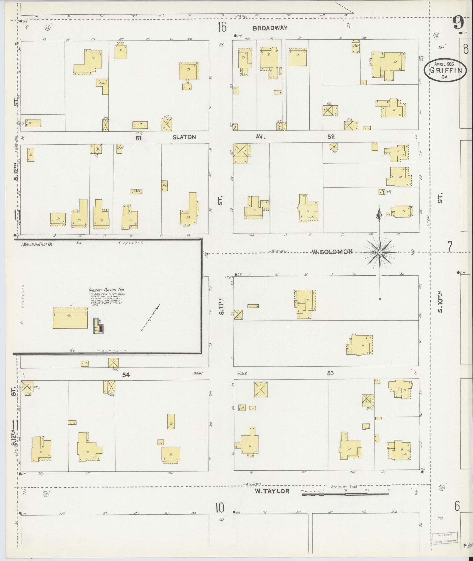 Sanborn Fire Insurance Map from Griffin, Spalding County, Georgia (1905), Sheet #0009 - Historic Sanborn Fire Insurance Map Print, vintage old map wall art, antique decor, genealogy gift, Georgia Georgia map