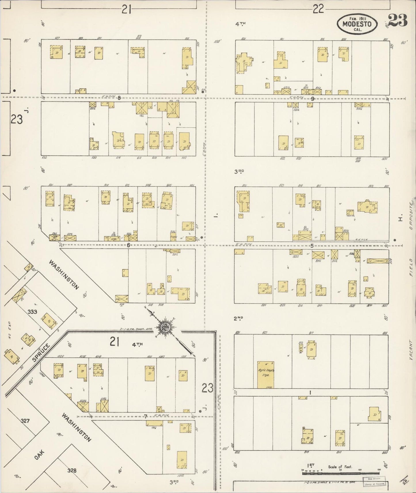 Sanborn Fire Insurance Map from Modesto, Stanislaus County, California (1911), Sheet #0023 - Historic Sanborn Fire Insurance Map Print, vintage old map wall art, antique decor, genealogy gift, California California map