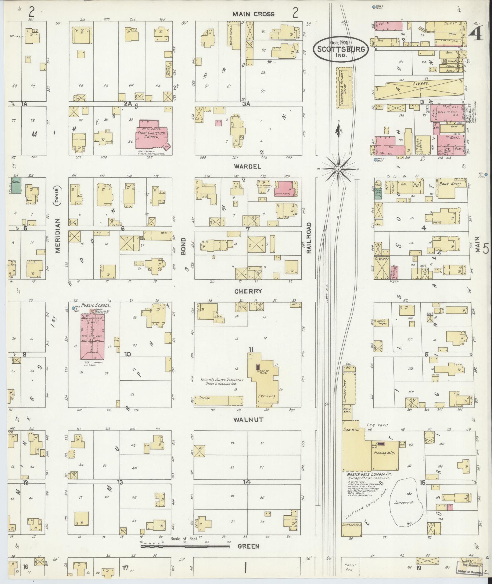 Sanborn Fire Insurance Map from Scottsburg, Scott County, Indiana (1906), Sheet #0004 - Historic Sanborn Fire Insurance Map Print, vintage old map wall art, antique decor, genealogy gift, Indiana Indiana map